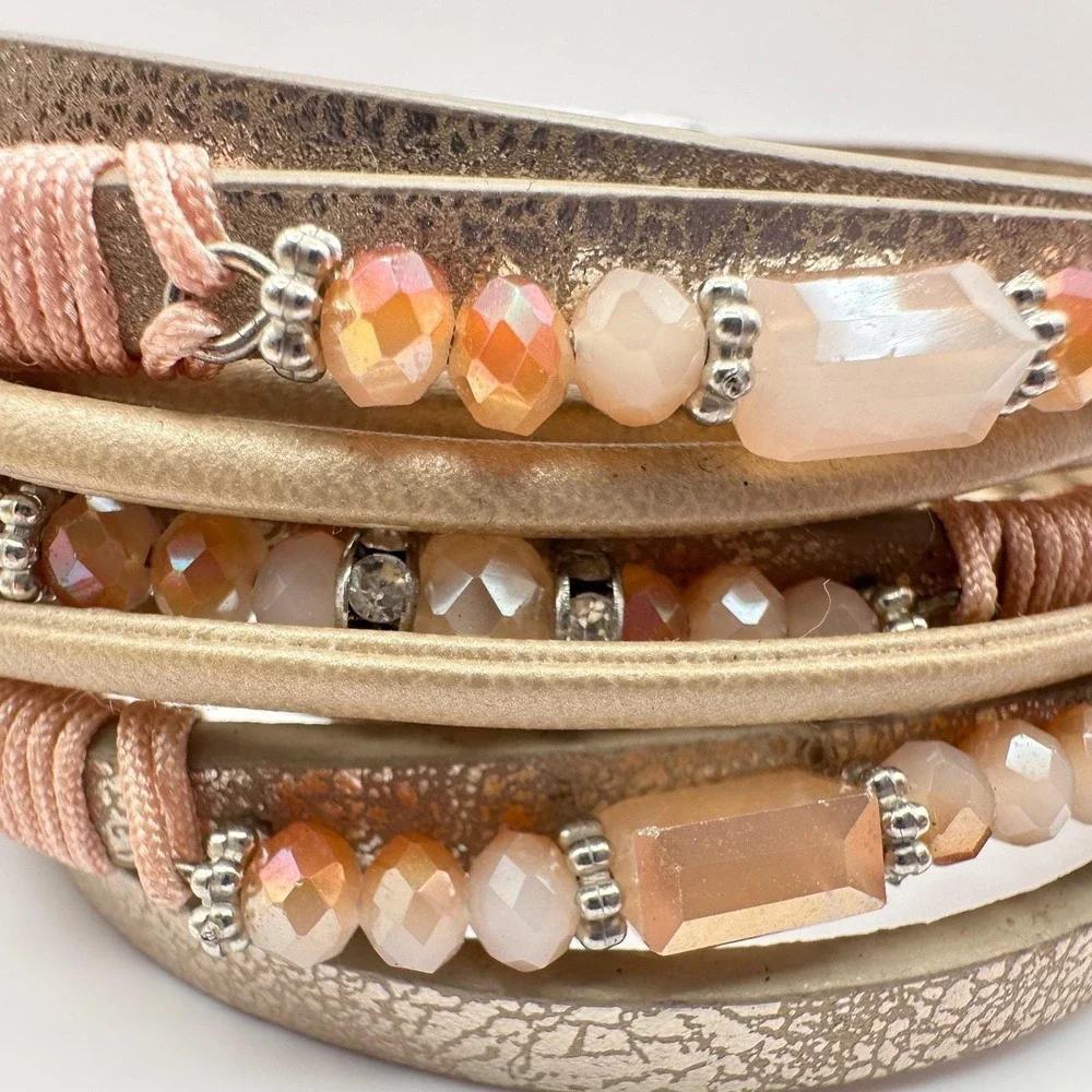 Vintage Y2K Boho Beaded Faux‎ Leather Multi Strand Cuff Bracelet Women's Jewelry